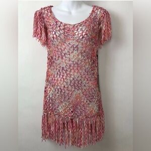 BCBG Max Azria Women's Crocheted Blouse. Pink Orange, Fringe size L